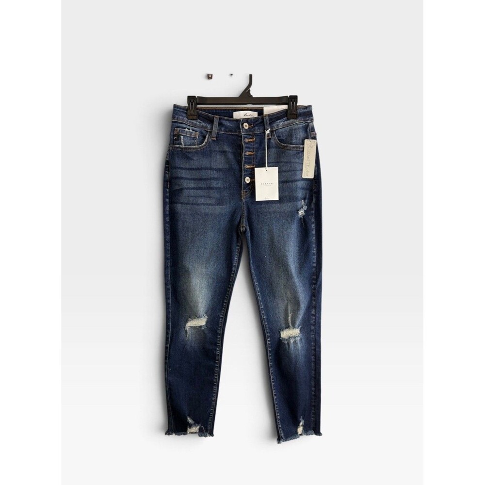 Kancan Womens Jeans Adult Size 11/29 Dark Wash Button Fly Destressed NEW
